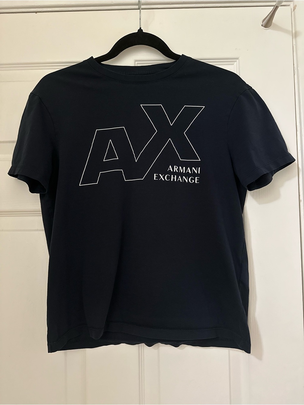 Armani Exchange Unisex AX Outline Logo Graphic T-Shirt Navy Blue Sz XS EUC
